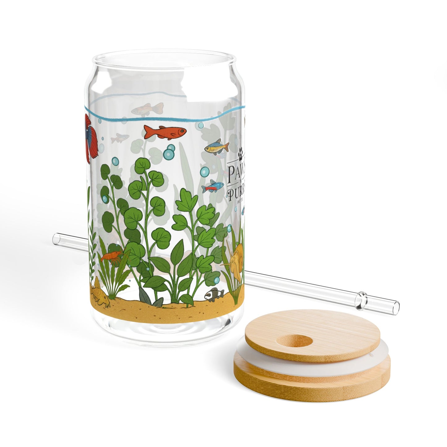 Freshwater Aquarium Fishtank – 16oz Sipper Glass with Bamboo Lid and Straw