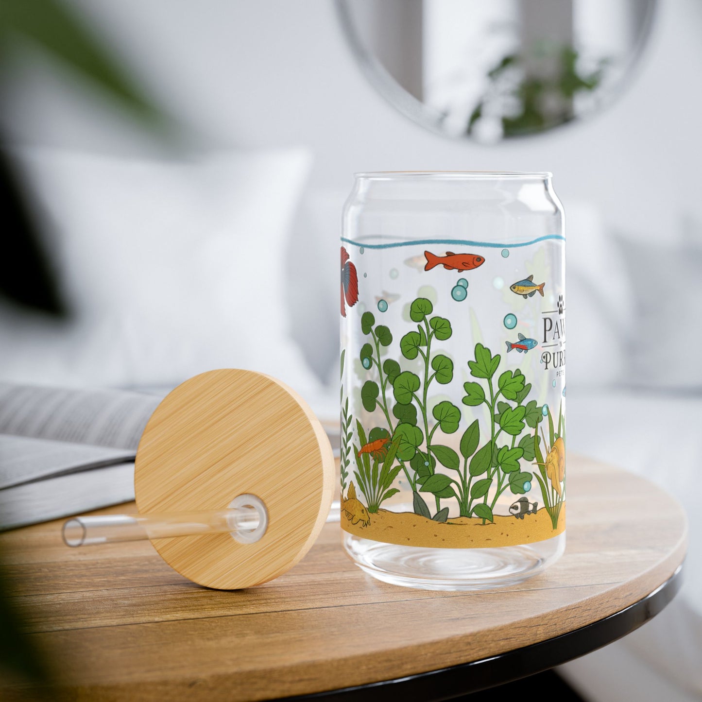 Freshwater Aquarium Fishtank – 16oz Sipper Glass with Bamboo Lid and Straw