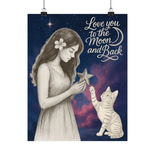 Love You to the Moon & Back - Cat Art Poster