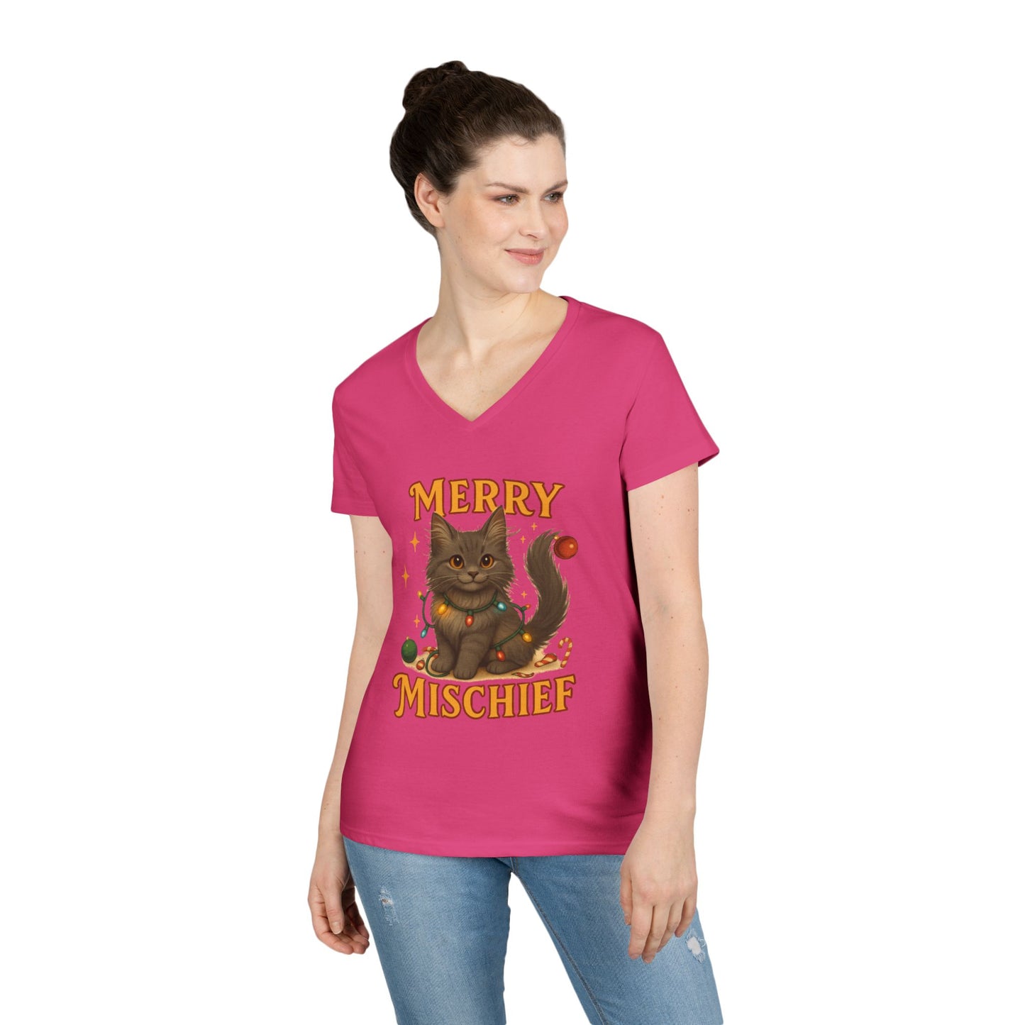 Merry Mischief Cat - Women's V-Neck T-Shirt