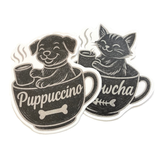 Coffee Pet Stickers: Meowcha & Puppuccino (Set of 2)