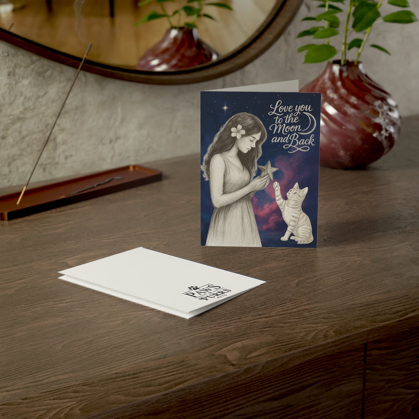 Love You To The Moon & Back: Heartfelt Love – Dreamy Art Girl & Cat Greeting Card