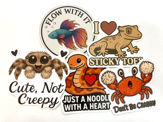 Exotic Pet Vinyl Sticker 5 Pack: Gecko, Spider, Snake, Fish, Crab