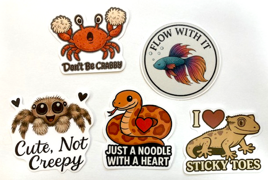 Exotic Pet Vinyl Sticker 5 Pack: Gecko, Spider, Snake, Fish, Crab