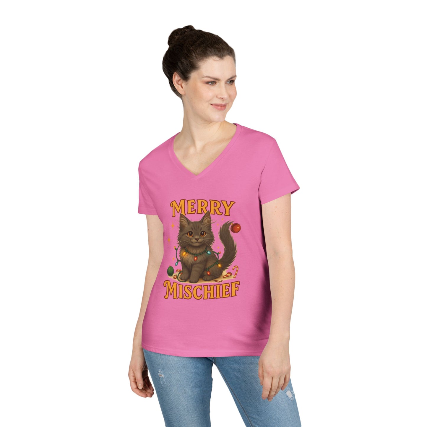 Merry Mischief Cat - Women's V-Neck T-Shirt