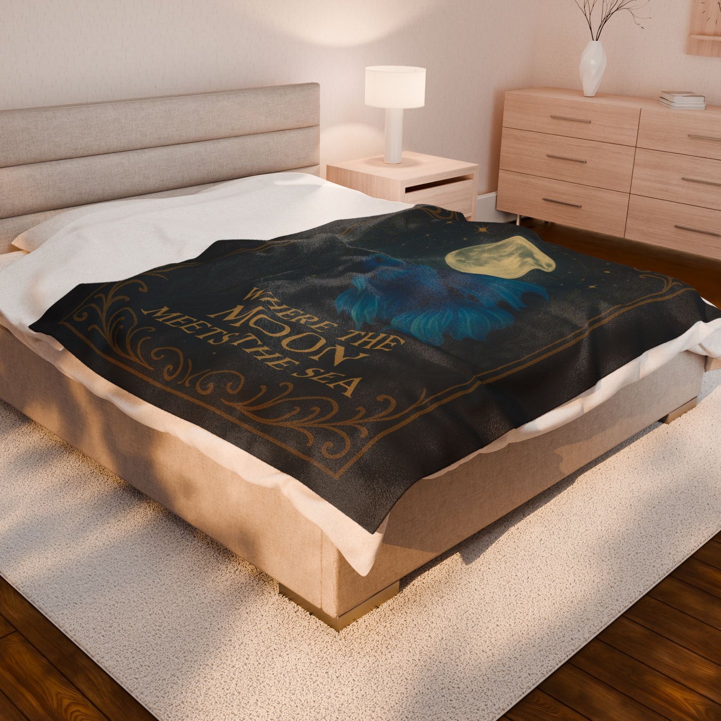 Mystical Where the Moon Meets the Sea - Betta Fish Velveteen Blanket