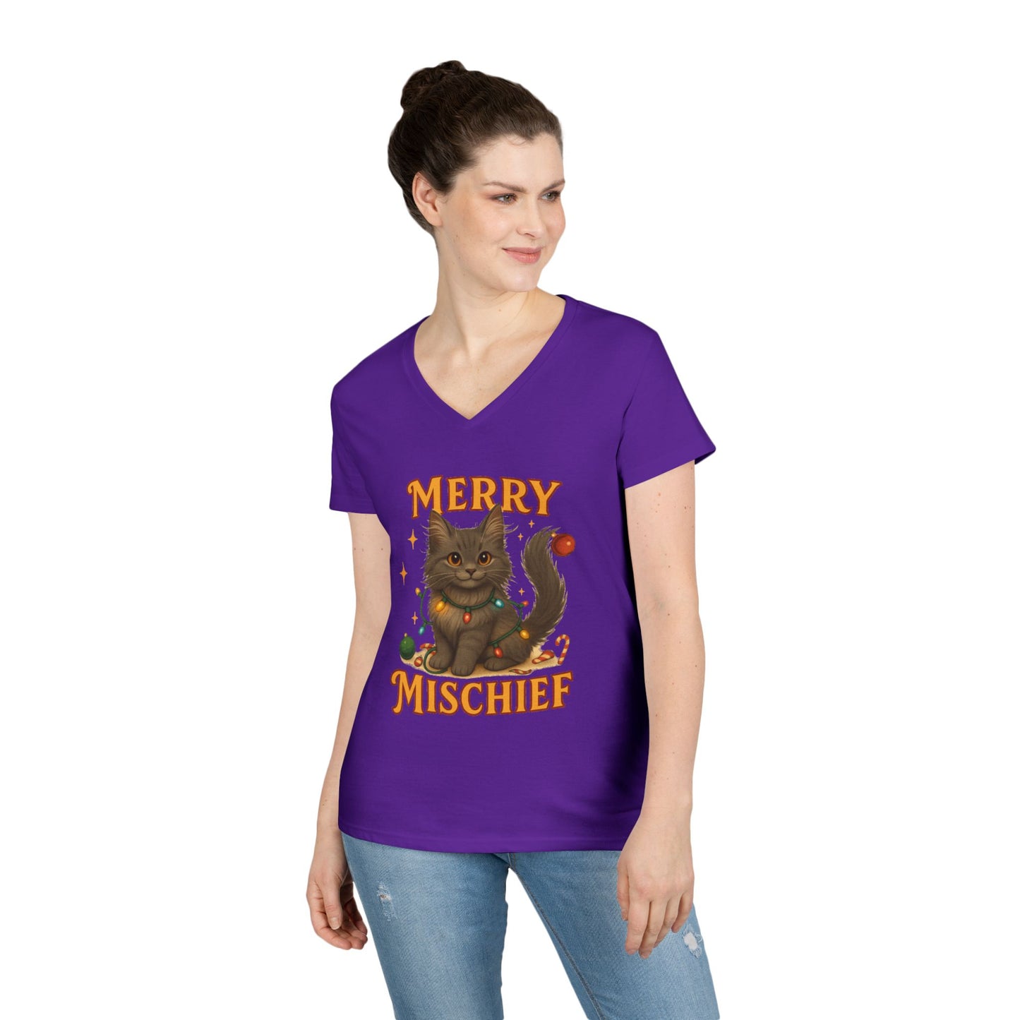 Merry Mischief Cat - Women's V-Neck T-Shirt