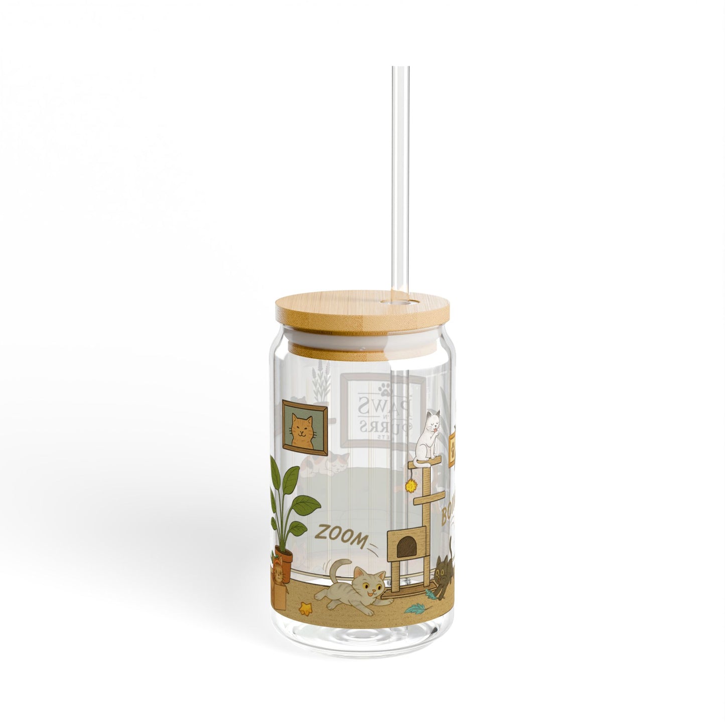Cat House Zoomies – 16oz Sipper Glass with Bamboo Lid and Straw