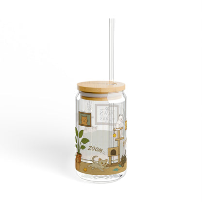 Cat House Zoomies – 16oz Sipper Glass with Bamboo Lid and Straw