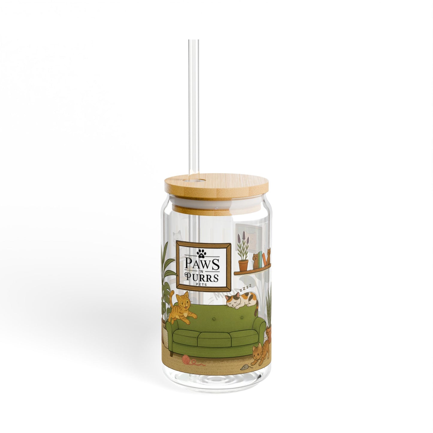 Cat House Zoomies – 16oz Sipper Glass with Bamboo Lid and Straw