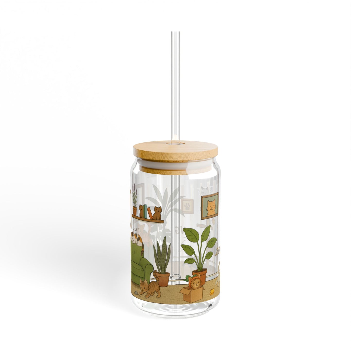 Cat House Zoomies – 16oz Sipper Glass with Bamboo Lid and Straw