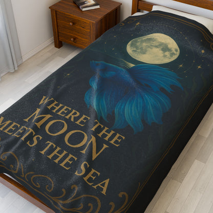 Mystical Where the Moon Meets the Sea - Betta Fish Velveteen Blanket