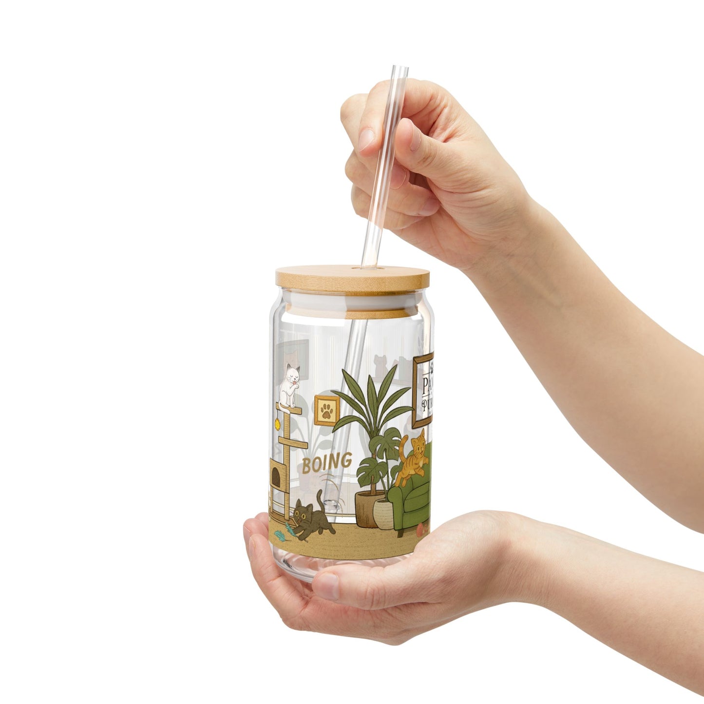 Cat House Zoomies – 16oz Sipper Glass with Bamboo Lid and Straw