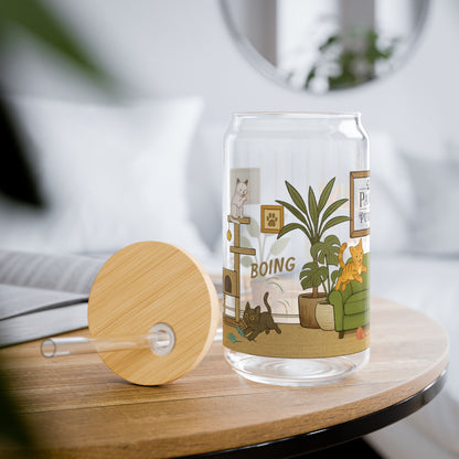 Cat House Zoomies – 16oz Sipper Glass with Bamboo Lid and Straw