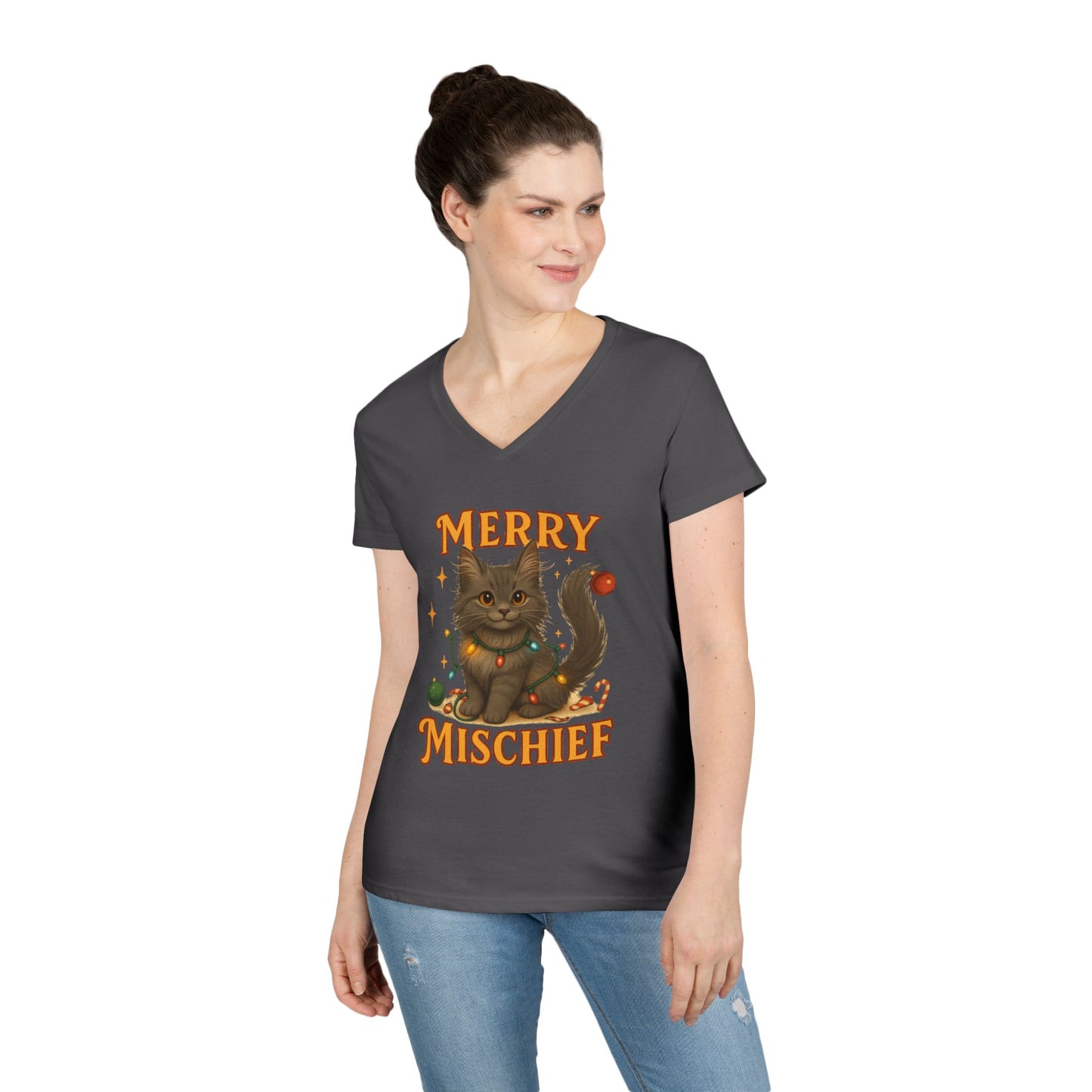 Merry Mischief Cat - Women's V-Neck T-Shirt