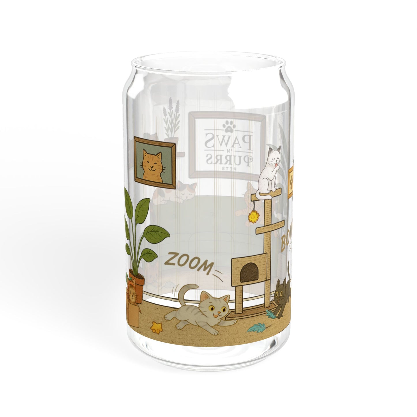 Cat House Zoomies – 16oz Sipper Glass with Bamboo Lid and Straw