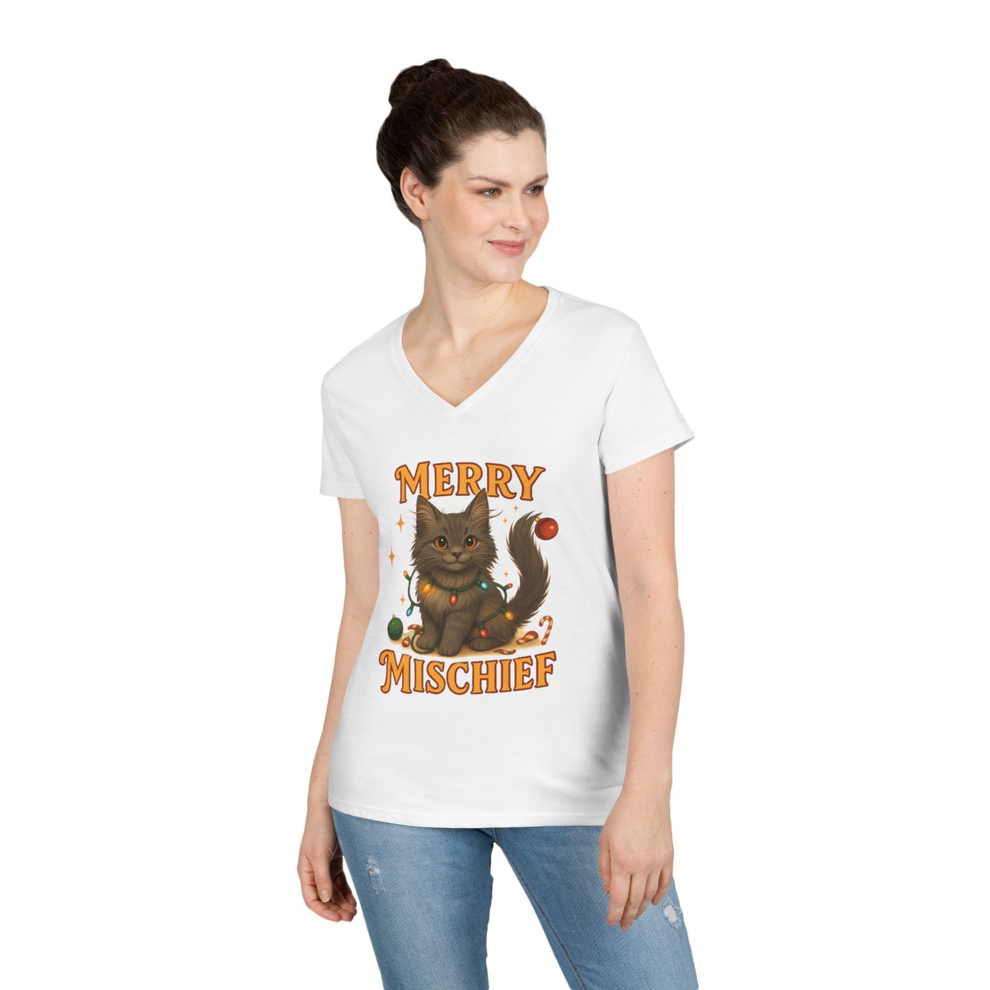 Merry Mischief Cat - Women's V-Neck T-Shirt