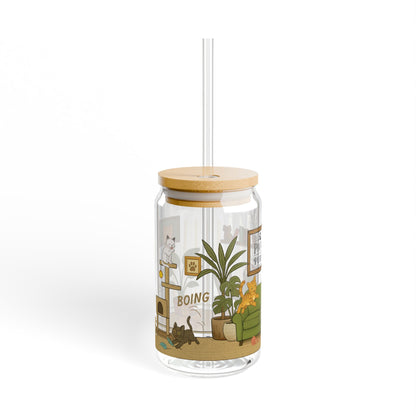 Cat House Zoomies – 16oz Sipper Glass with Bamboo Lid and Straw