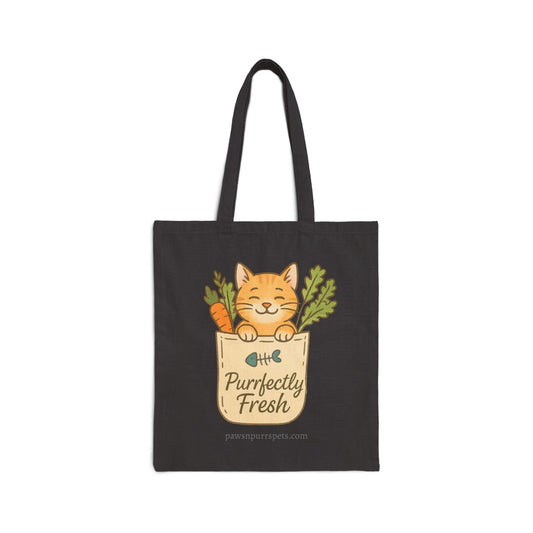 Cat-Themed Cotton Canvas Tote Bag – Purrfectly Fresh and Cat Snax On Board Designs