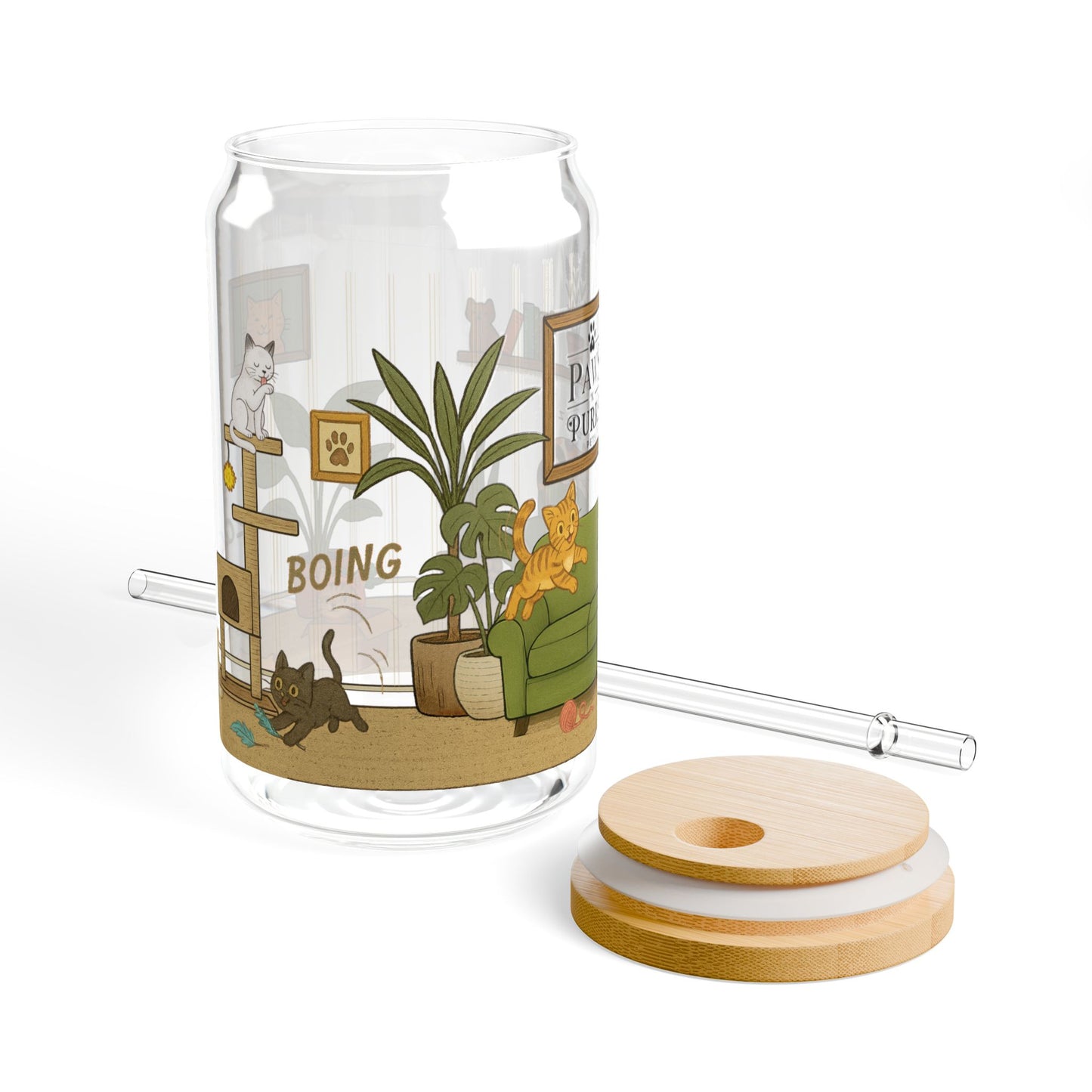 Cat House Zoomies – 16oz Sipper Glass with Bamboo Lid and Straw