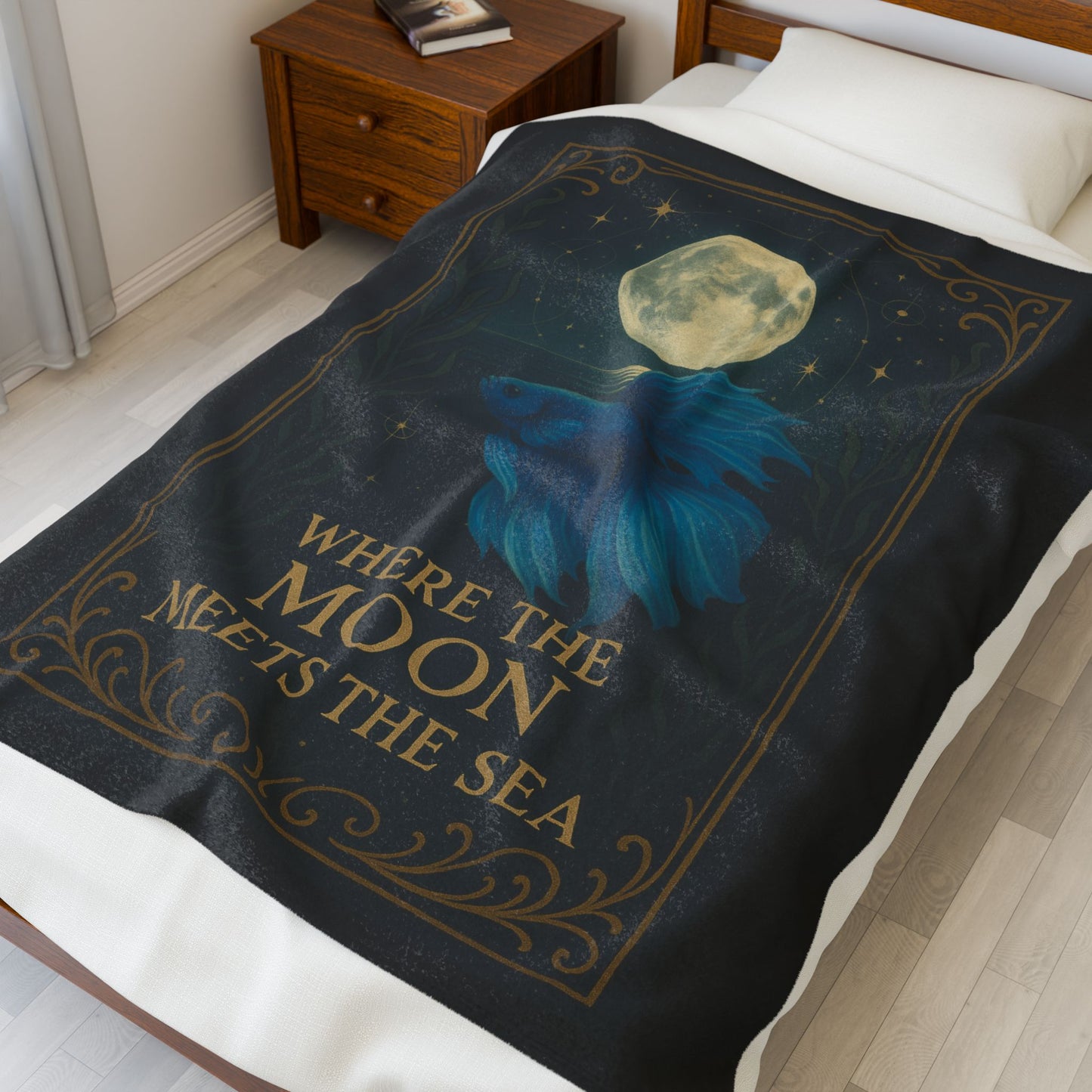 Mystical Where the Moon Meets the Sea - Betta Fish Velveteen Blanket