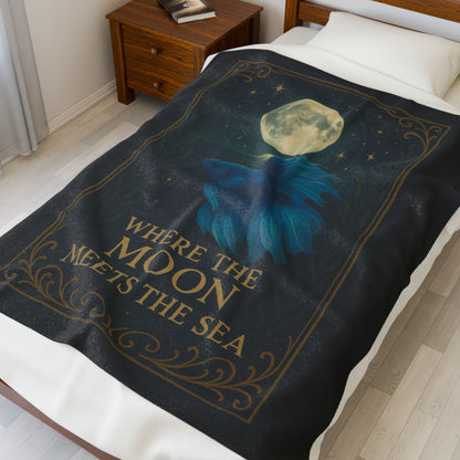 Mystical Where the Moon Meets the Sea - Betta Fish Velveteen Blanket