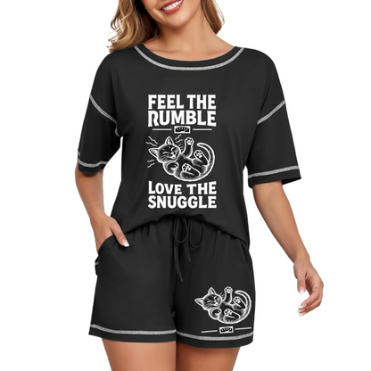 Feel the Rumble, Love the Snuggle - Women's Short-Sleeved Cozy Cat Pajama Set