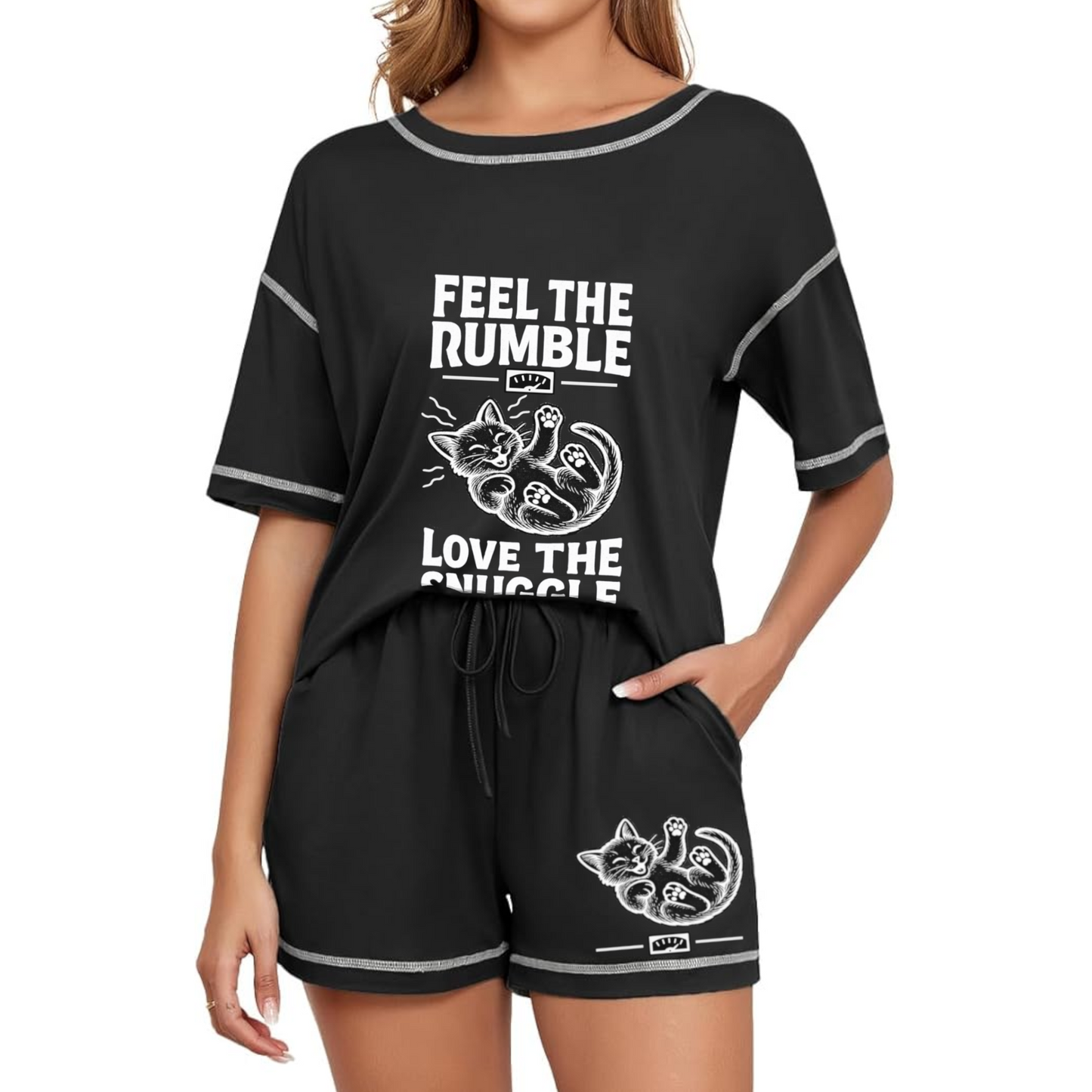 Feel the Rumble, Love the Snuggle - Women's Short-Sleeved Cozy Cat Pajama Set