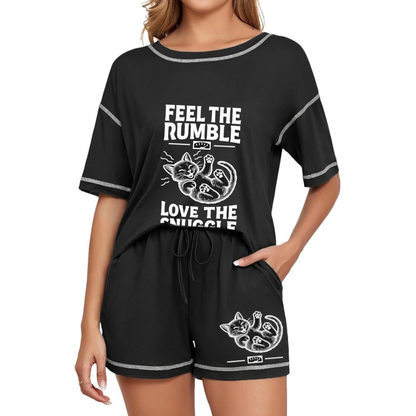 Feel the Rumble, Love the Snuggle - Women's Short-Sleeved Cozy Cat Pajama Set