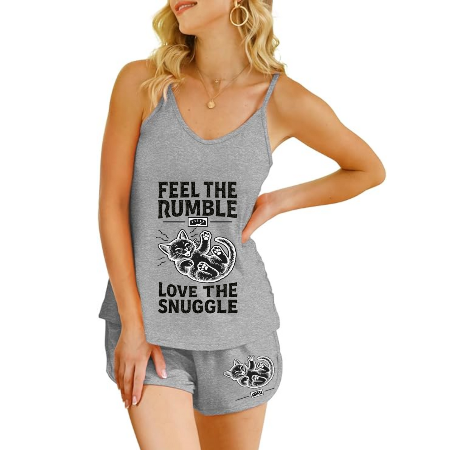 Feel the Rumble, Love the Snuggle - Women's Camisole Cat Pajama Set