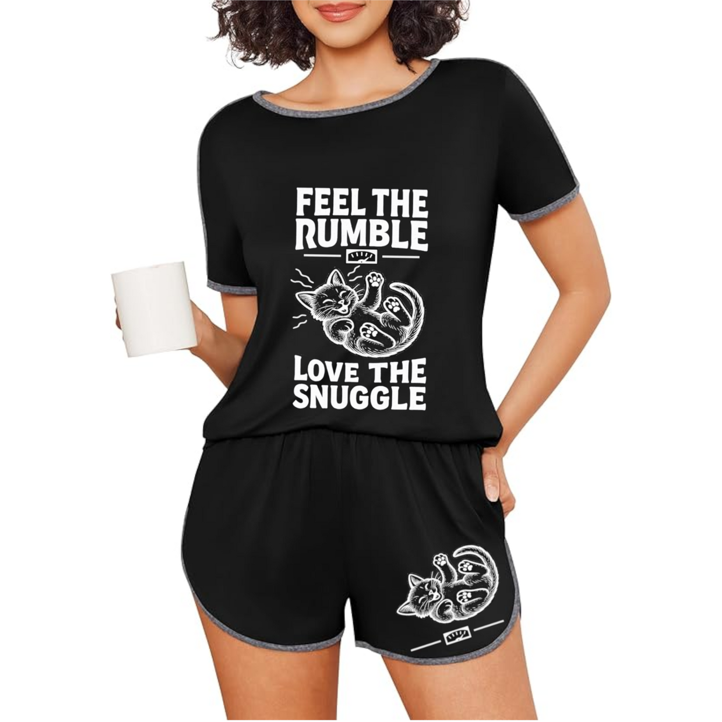 Feel the Rumble, Love the Snuggle - Women's Short-Sleeved Cozy Cat Pajama Set