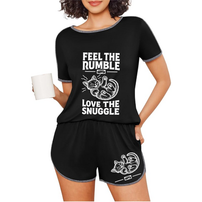 Feel the Rumble, Love the Snuggle - Women's Short-Sleeved Cozy Cat Pajama Set