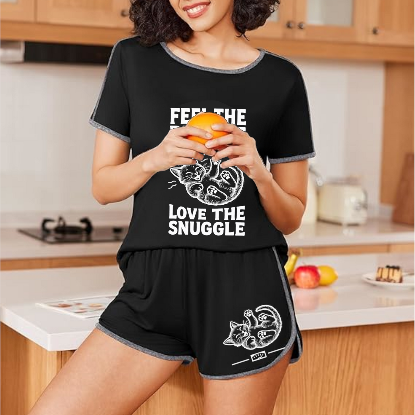 Feel the Rumble, Love the Snuggle - Women's Short-Sleeved Cozy Cat Pajama Set