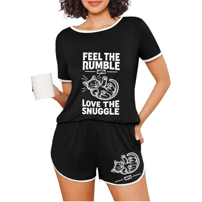 Feel the Rumble, Love the Snuggle - Women's Short-Sleeved Cozy Cat Pajama Set