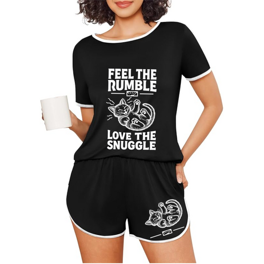 Feel the Rumble, Love the Snuggle - Women's Short-Sleeved Cozy Cat Pajama Set