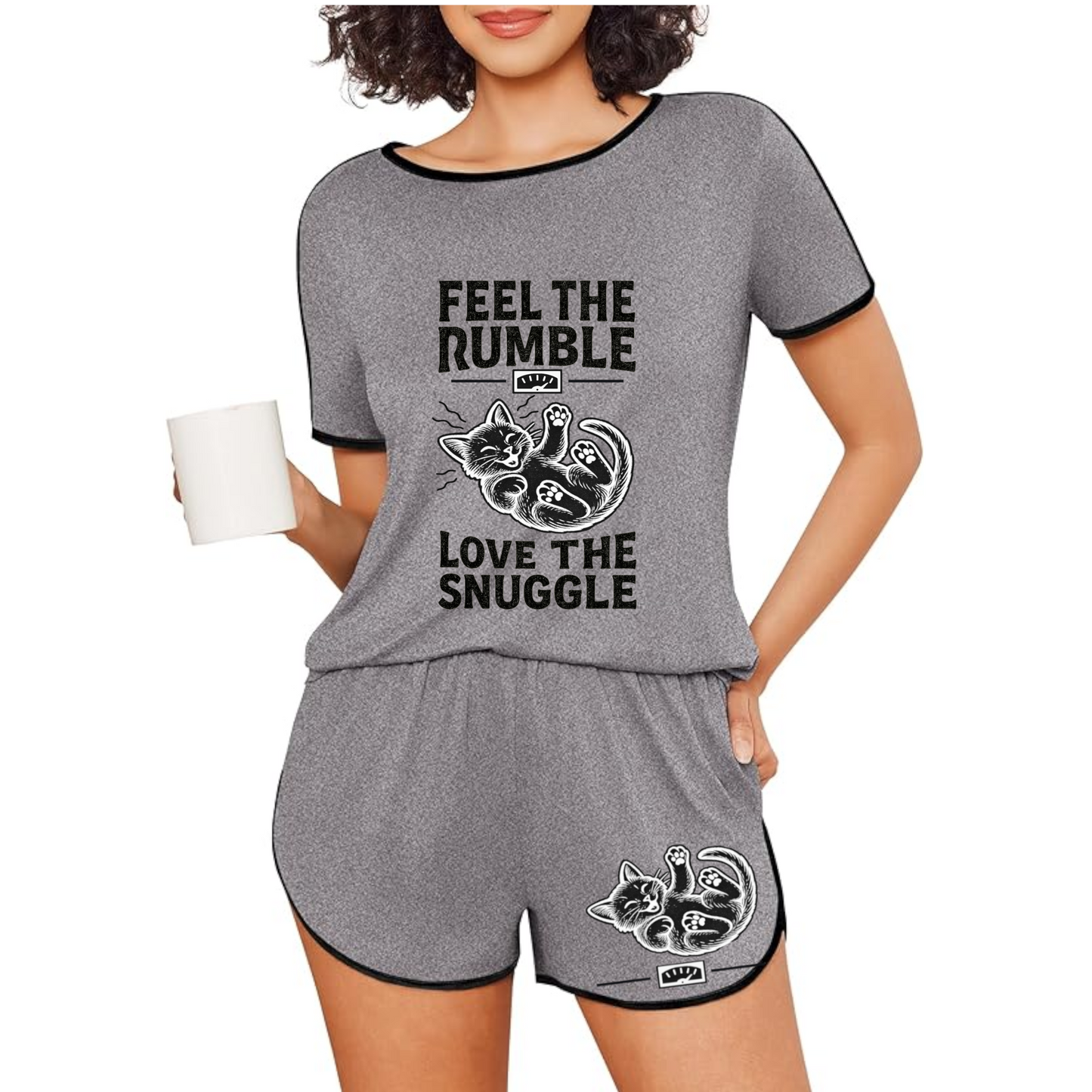 Feel the Rumble, Love the Snuggle - Women's Short-Sleeved Cozy Cat Pajama Set