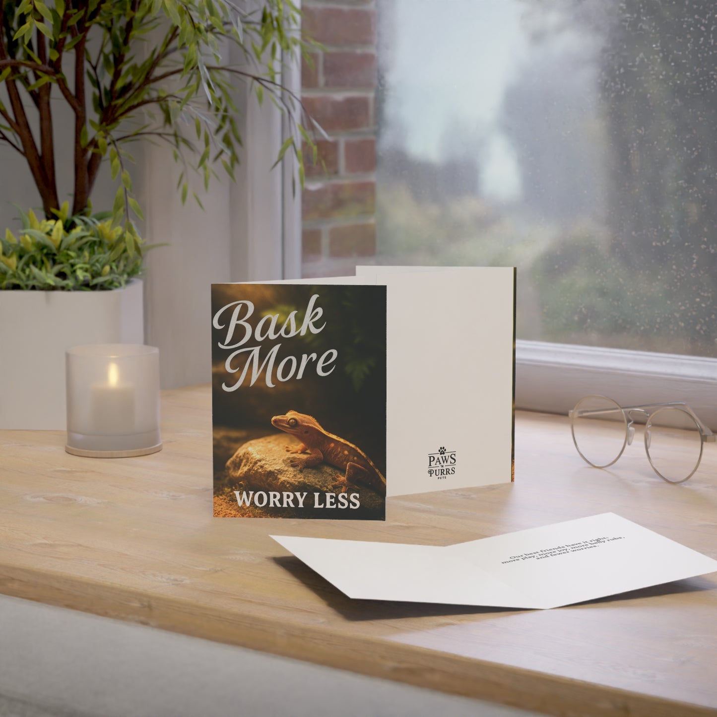 "Bask More, Worry Less" Life Lessons from Our Pets: Crested Gecko Greeting Card