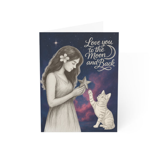 Love You To The Moon & Back: Heartfelt Love – Dreamy Art Girl & Cat Greeting Card