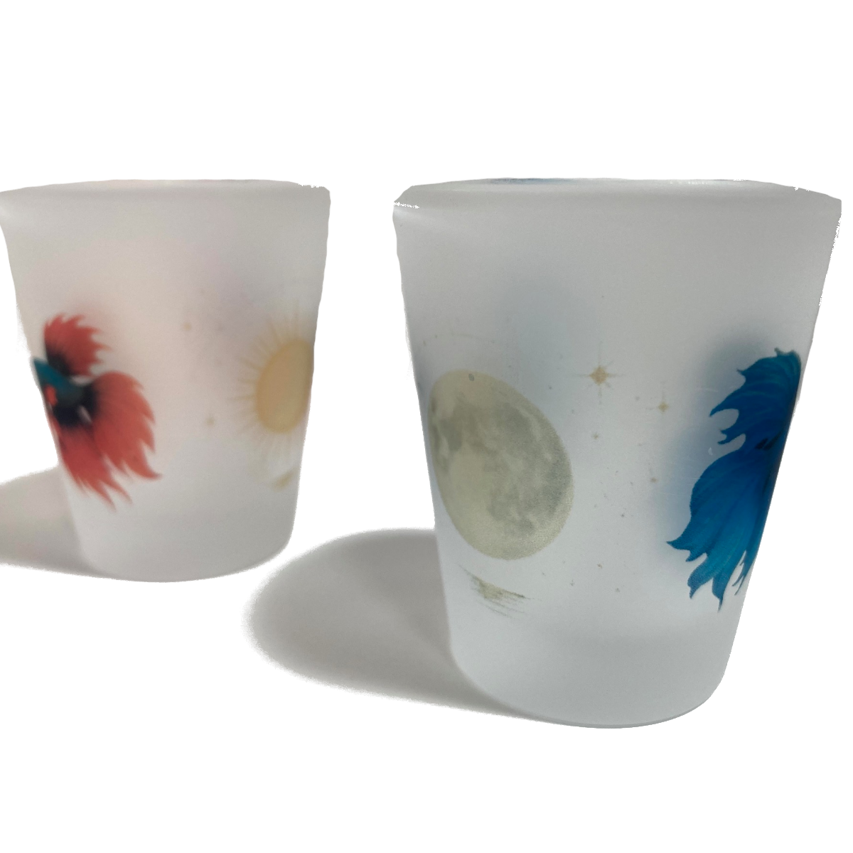 Blue Moon & Red Sun Betta Fish – Frosted Glass Shot Glasses