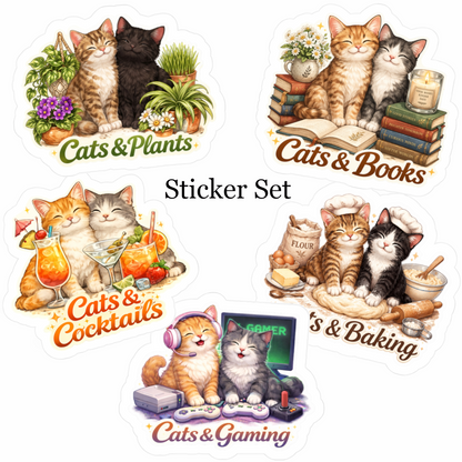 Cats & Things Sticker Set – Plants, Books, Cocktails, Baking, Gaming