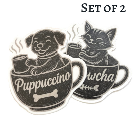 Coffee Pet Stickers: Meowcha & Puppuccino (Set of 2)